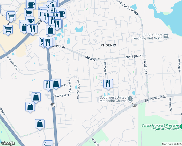 map of restaurants, bars, coffee shops, grocery stores, and more near 3611 Southwest 28th Terrace in Gainesville