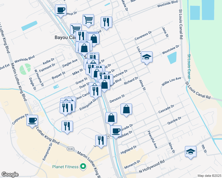 map of restaurants, bars, coffee shops, grocery stores, and more near 100-106 Malibou Boulevard in Houma