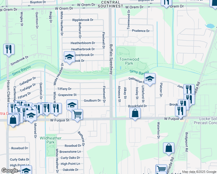 map of restaurants, bars, coffee shops, grocery stores, and more near 14327 Fleetwell Drive in Houston