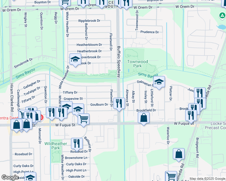 map of restaurants, bars, coffee shops, grocery stores, and more near 14327 Fleetwell Drive in Houston