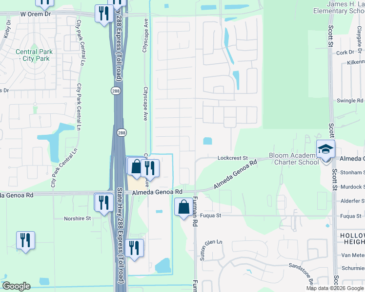 map of restaurants, bars, coffee shops, grocery stores, and more near 2658 Skyview Shadow Court in Houston