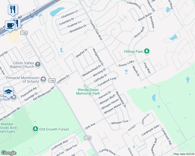 map of restaurants, bars, coffee shops, grocery stores, and more near 3418 Cliffside Drive in Schertz