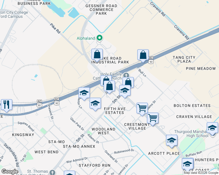 map of restaurants, bars, coffee shops, grocery stores, and more near 210 3rd Street in Missouri City
