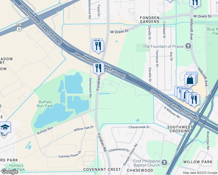 map of restaurants, bars, coffee shops, grocery stores, and more near 8031 South Sam Houston Parkway West in Missouri City