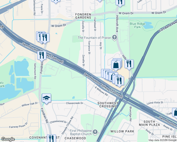 map of restaurants, bars, coffee shops, grocery stores, and more near 12830 Terrance Street in Houston