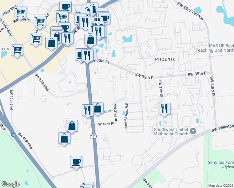 map of restaurants, bars, coffee shops, grocery stores, and more near 34 Southwest 30th Terrace in Gainesville