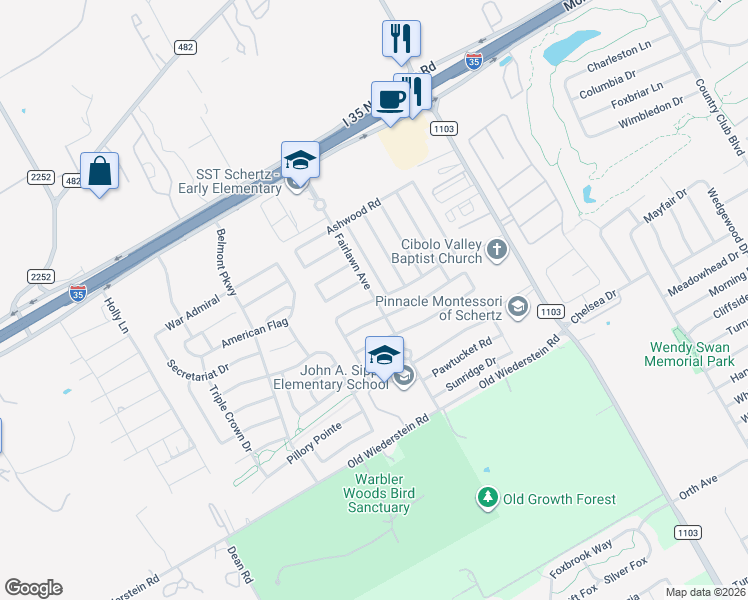 map of restaurants, bars, coffee shops, grocery stores, and more near 2824 Red Tip Drive in Schertz