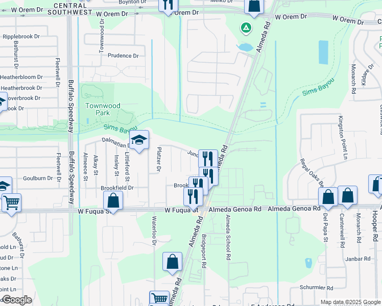 map of restaurants, bars, coffee shops, grocery stores, and more near 14403 Junction Place in Houston