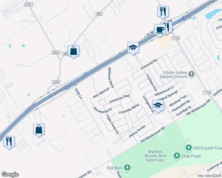 map of restaurants, bars, coffee shops, grocery stores, and more near 2648 War Admiral in Schertz