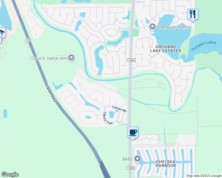 map of restaurants, bars, coffee shops, grocery stores, and more near Owens Road in Fort Bend County