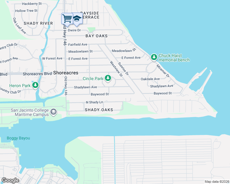 map of restaurants, bars, coffee shops, grocery stores, and more near 442 Baywood Street in La Porte