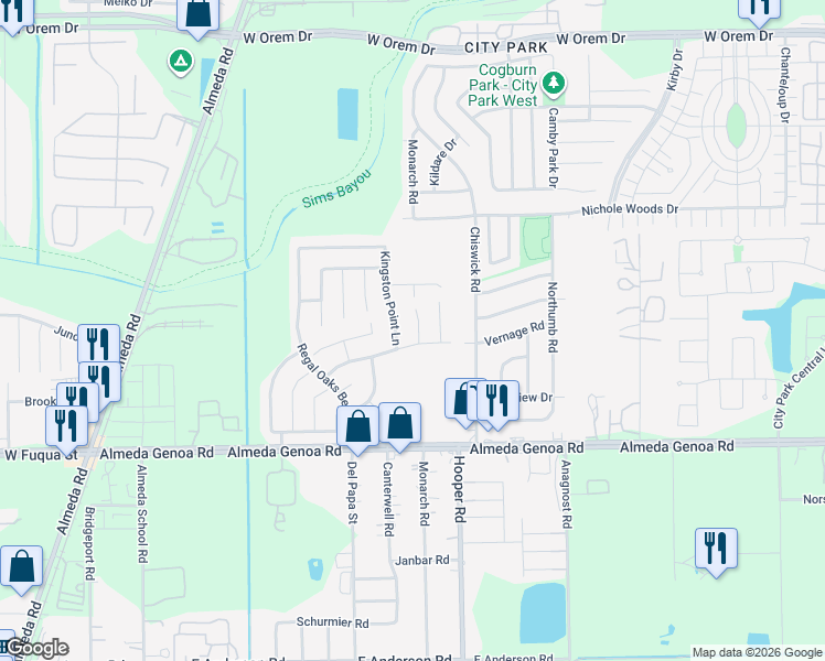 map of restaurants, bars, coffee shops, grocery stores, and more near 13127 Kingston Point Lane in Houston