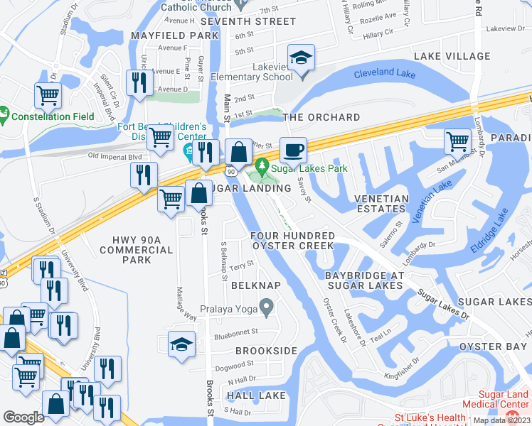map of restaurants, bars, coffee shops, grocery stores, and more near 302 Oyster Creek Drive in Sugar Land