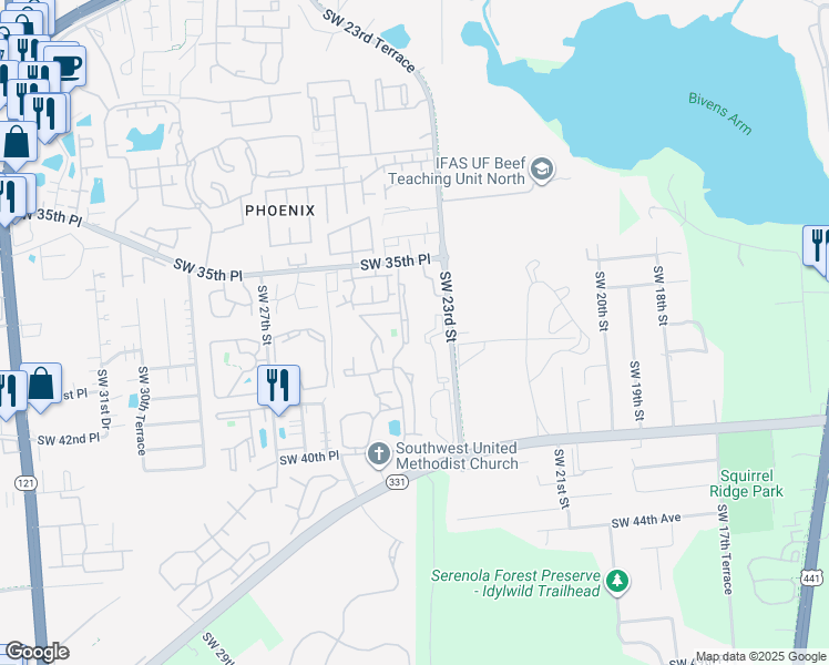 map of restaurants, bars, coffee shops, grocery stores, and more near 2323 Southwest 35th Place in Gainesville