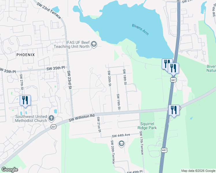 map of restaurants, bars, coffee shops, grocery stores, and more near 2110 Southwest 38th Court in Gainesville
