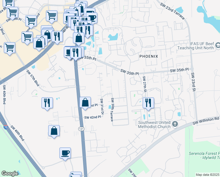 map of restaurants, bars, coffee shops, grocery stores, and more near 34 Southwest 30th Terrace in Gainesville