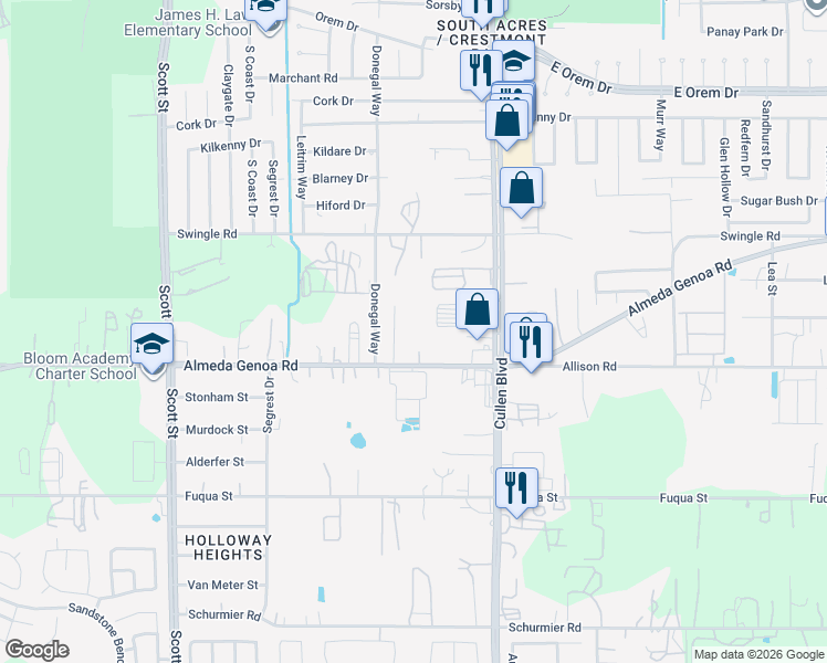 map of restaurants, bars, coffee shops, grocery stores, and more near 3921 Almeda-Genoa Road in Houston