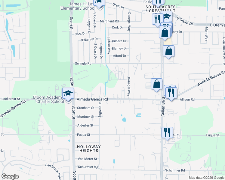 map of restaurants, bars, coffee shops, grocery stores, and more near 3721 Almeda-Genoa Road in Houston