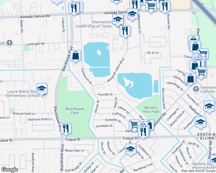map of restaurants, bars, coffee shops, grocery stores, and more near 10181 Windmill Lakes Boulevard in Houston