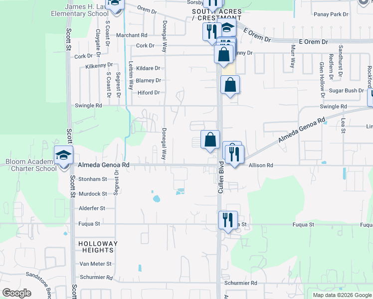 map of restaurants, bars, coffee shops, grocery stores, and more near 3921 Almeda-Genoa Road in Houston