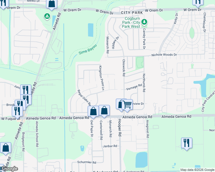 map of restaurants, bars, coffee shops, grocery stores, and more near 13127 Kingston Point Lane in Houston