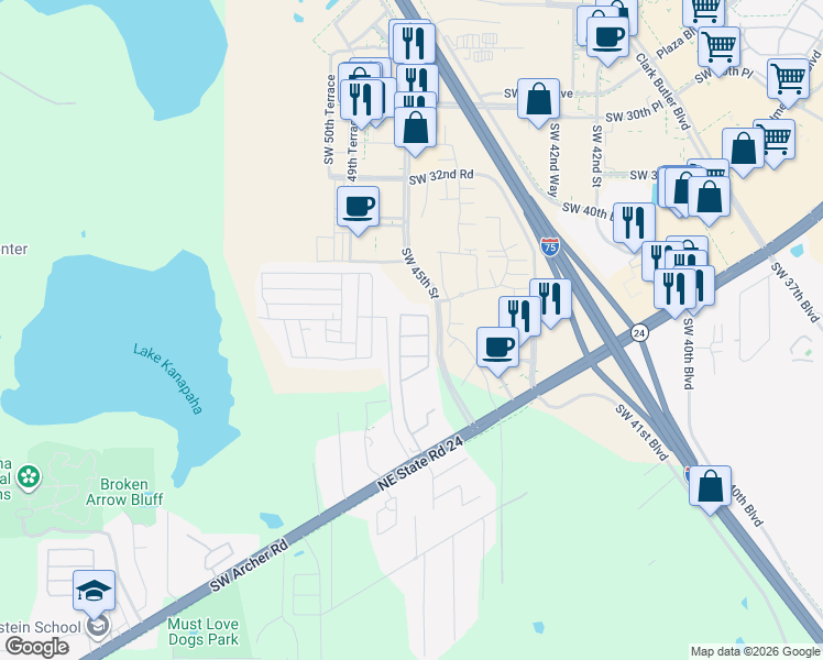 map of restaurants, bars, coffee shops, grocery stores, and more near 4700 Southwest Archer Road in Gainesville
