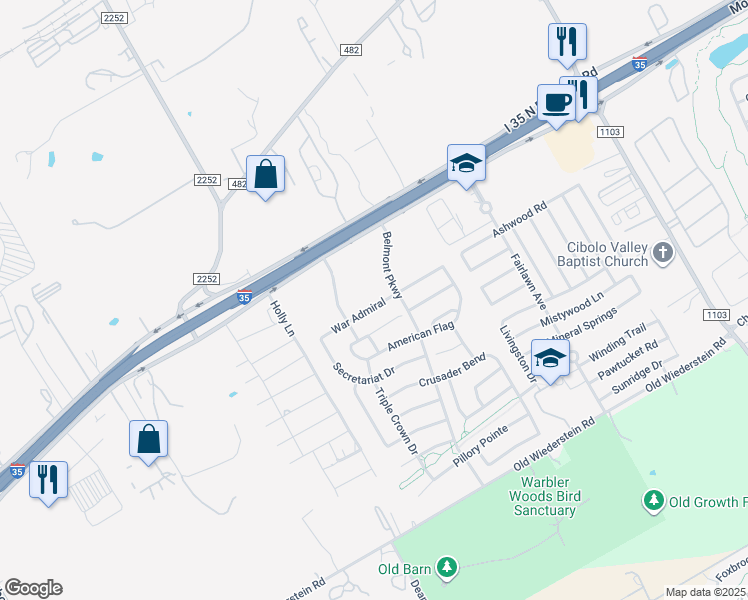 map of restaurants, bars, coffee shops, grocery stores, and more near 2633 War Admiral in Schertz