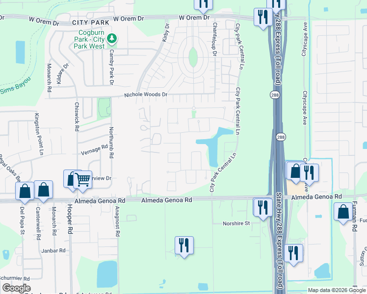 map of restaurants, bars, coffee shops, grocery stores, and more near 12409 Lake Portal Drive in Houston