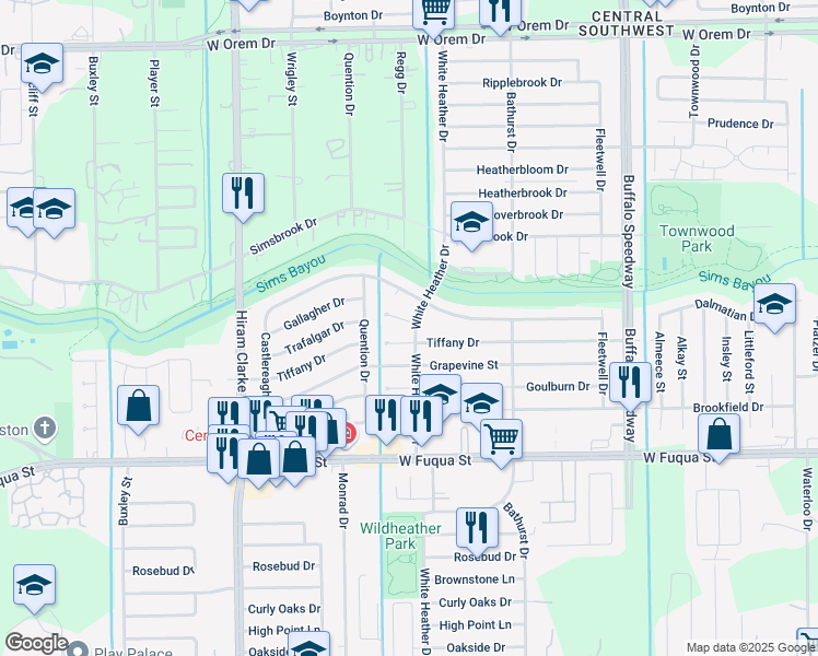 map of restaurants, bars, coffee shops, grocery stores, and more near 14427 White Heather Drive in Houston