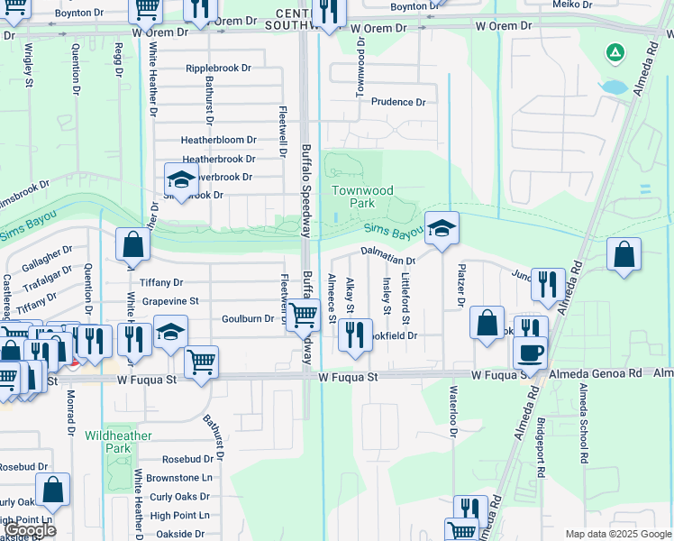 map of restaurants, bars, coffee shops, grocery stores, and more near 14418 Almeece Street in Houston