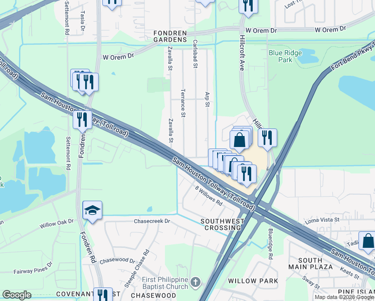map of restaurants, bars, coffee shops, grocery stores, and more near 12830 Terrance Street in Houston