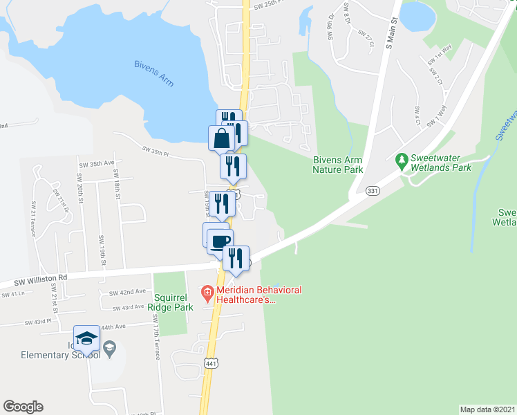 map of restaurants, bars, coffee shops, grocery stores, and more near 3801 Southwest 13th Street in Gainesville