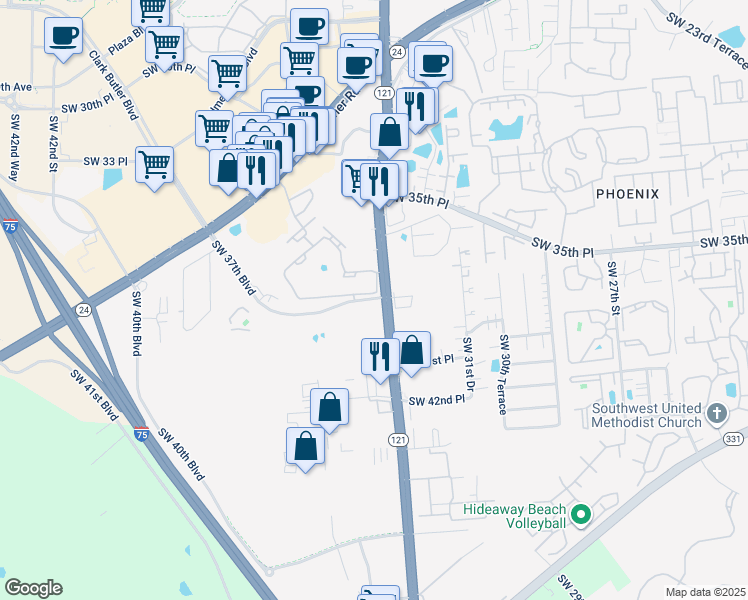 map of restaurants, bars, coffee shops, grocery stores, and more near 3820 Southwest 34th Street in Gainesville