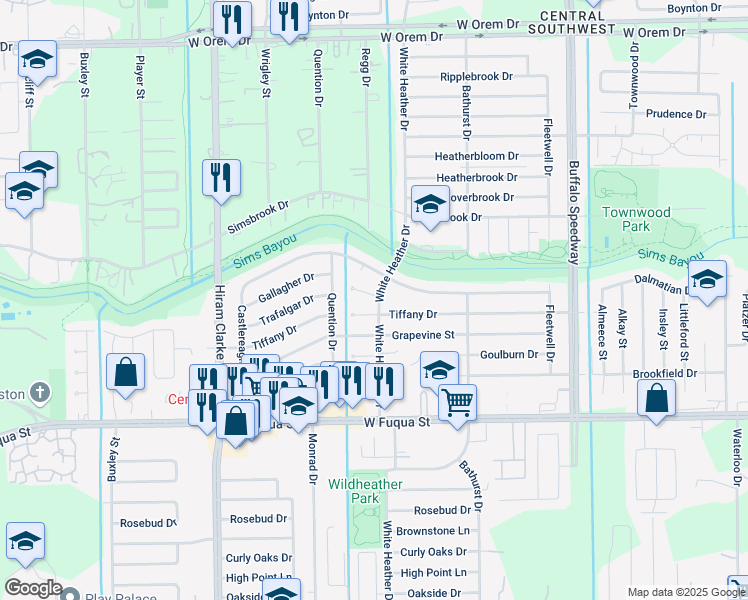 map of restaurants, bars, coffee shops, grocery stores, and more near 14427 White Heather Drive in Houston