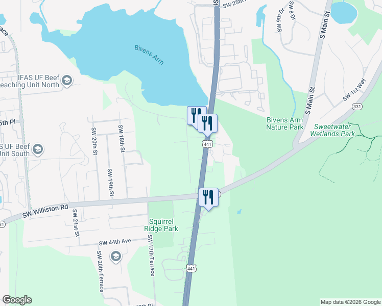 map of restaurants, bars, coffee shops, grocery stores, and more near 3820 Southwest 13th Street in Gainesville