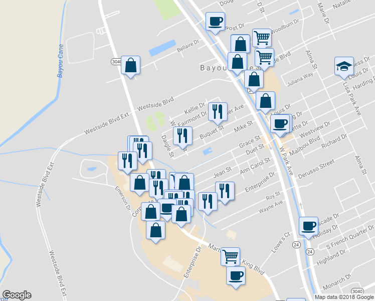 map of restaurants, bars, coffee shops, grocery stores, and more near 314 West Houma Street in Houma