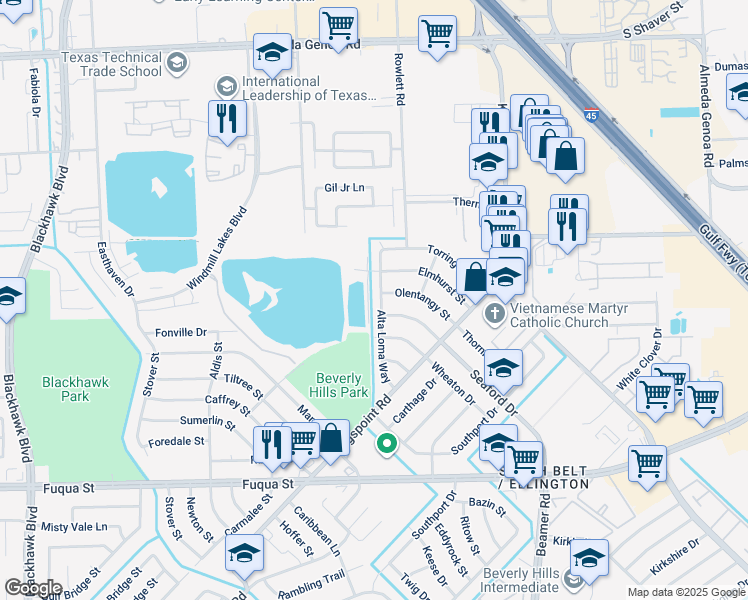 map of restaurants, bars, coffee shops, grocery stores, and more near 10334 Alta Loma Way in Houston