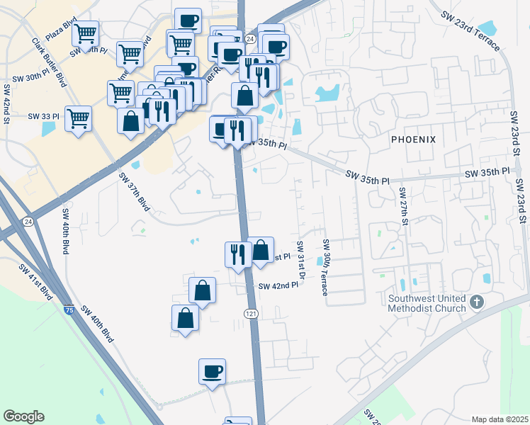 map of restaurants, bars, coffee shops, grocery stores, and more near 3811 Southwest 34th Street in Gainesville