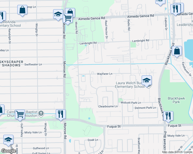 map of restaurants, bars, coffee shops, grocery stores, and more near 10127 Mellenbrook Lane in Houston