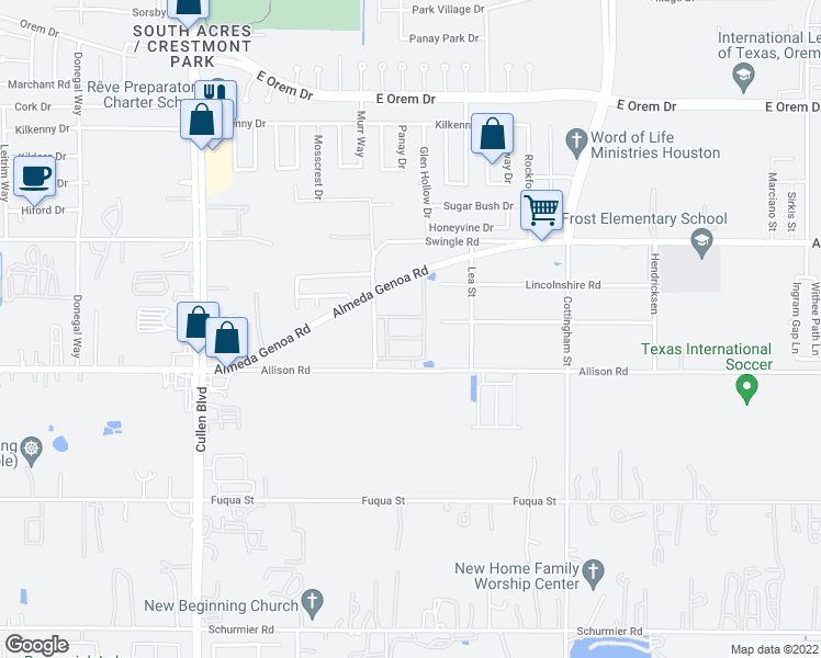 map of restaurants, bars, coffee shops, grocery stores, and more near 13238 Pembroke Street in Houston