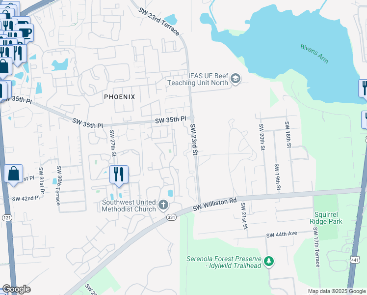 map of restaurants, bars, coffee shops, grocery stores, and more near 4000 Southwest 23rd Street in Gainesville