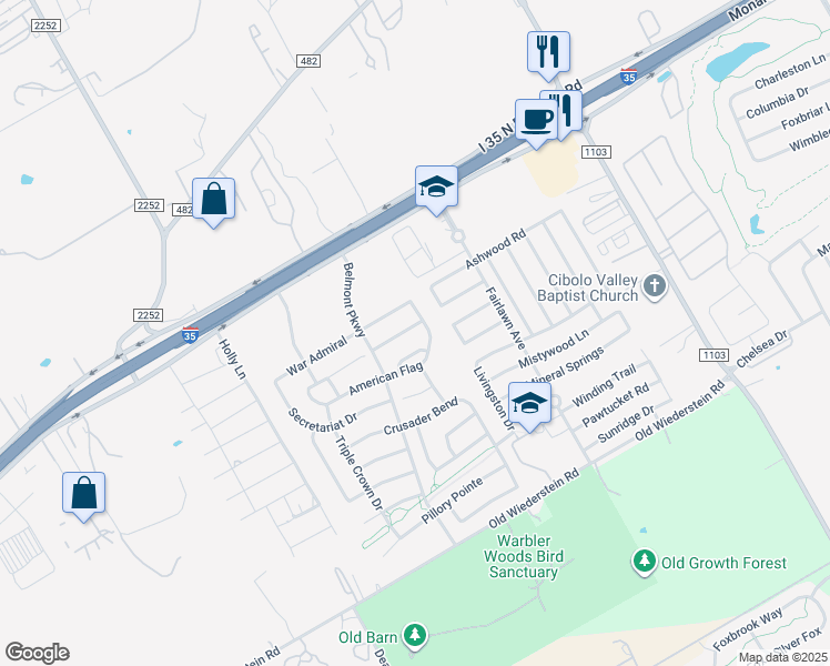 map of restaurants, bars, coffee shops, grocery stores, and more near 2731 Abaccus Court in Schertz