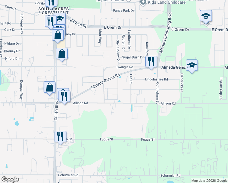 map of restaurants, bars, coffee shops, grocery stores, and more near 13238 Pembroke Street in Houston