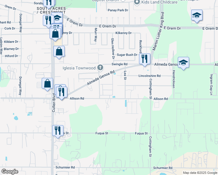 map of restaurants, bars, coffee shops, grocery stores, and more near 13238 Pembroke Street in Houston