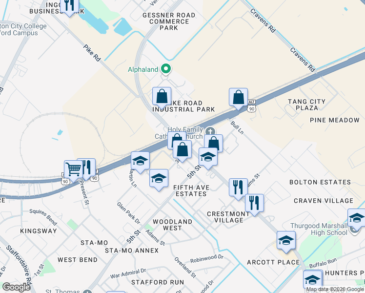 map of restaurants, bars, coffee shops, grocery stores, and more near 210 3rd Street in Missouri City