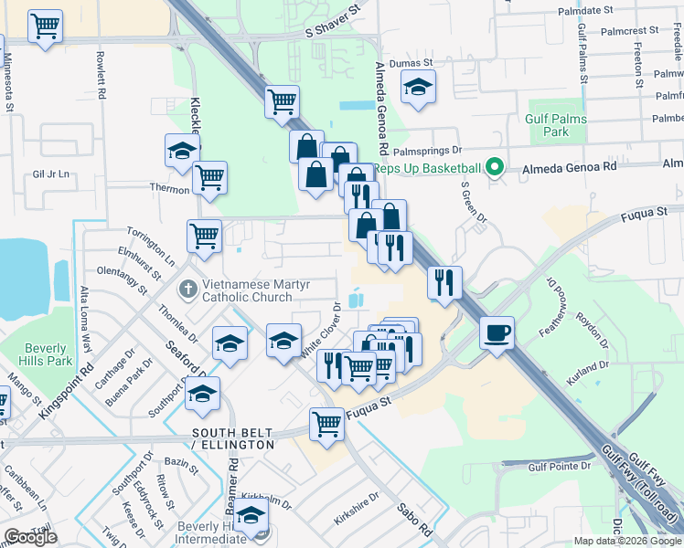 map of restaurants, bars, coffee shops, grocery stores, and more near 10407 White Clover Drive in Houston