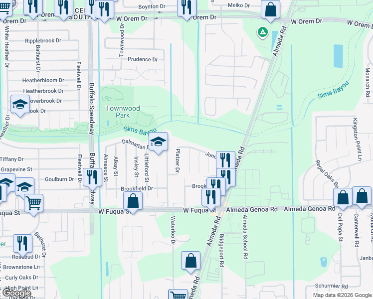 map of restaurants, bars, coffee shops, grocery stores, and more near 14422 Acuna Lane in Houston