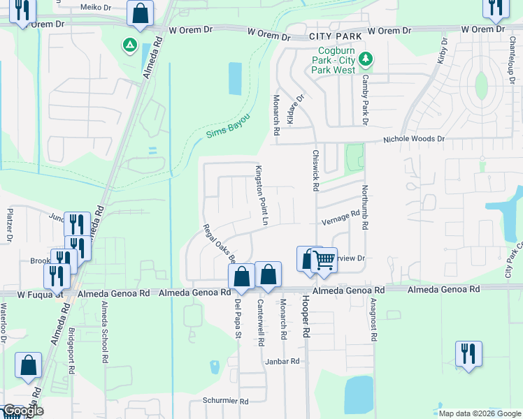 map of restaurants, bars, coffee shops, grocery stores, and more near 13127 Kingston Point Lane in Houston