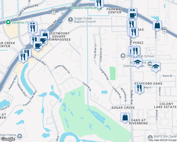 map of restaurants, bars, coffee shops, grocery stores, and more near 12 Bendwood Drive in Sugar Land