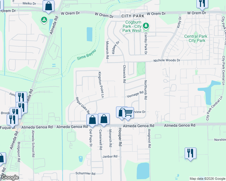 map of restaurants, bars, coffee shops, grocery stores, and more near 13146 Royal Bell Court in Houston